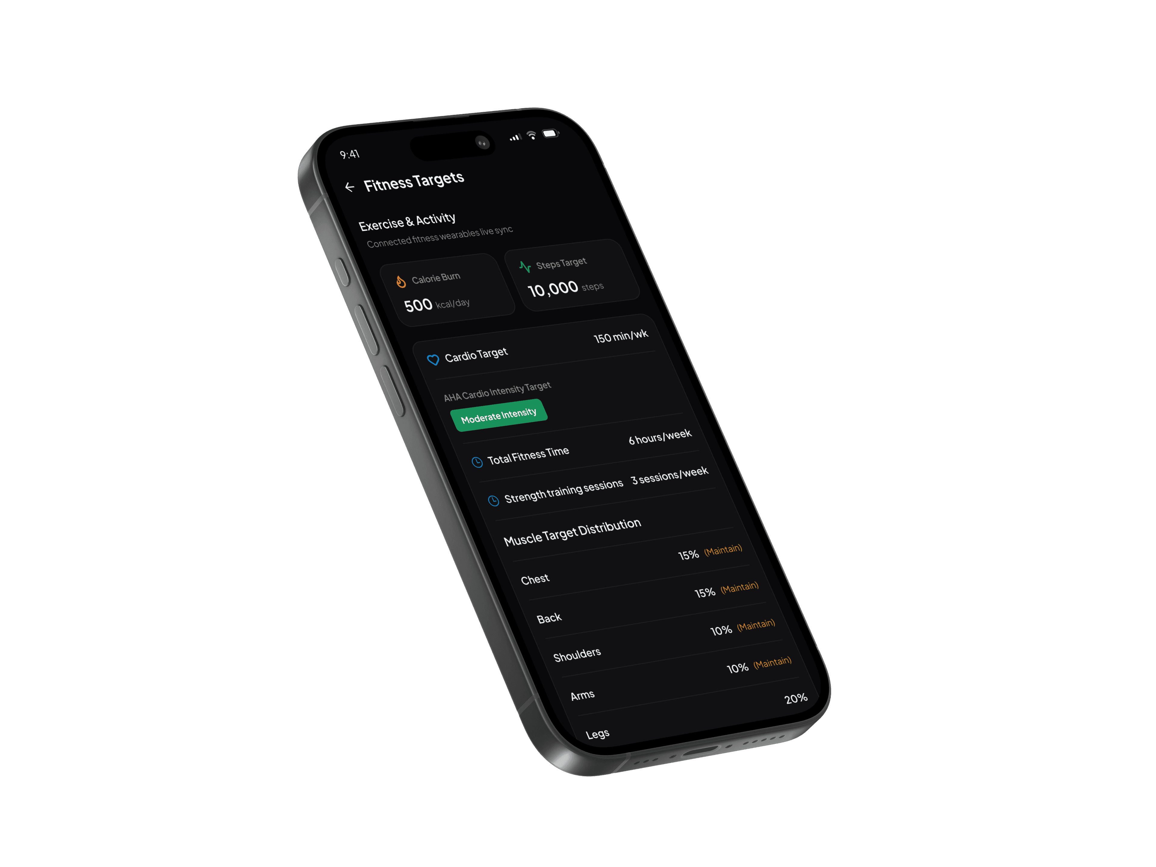 The Meddy app showing a fitness targets screen