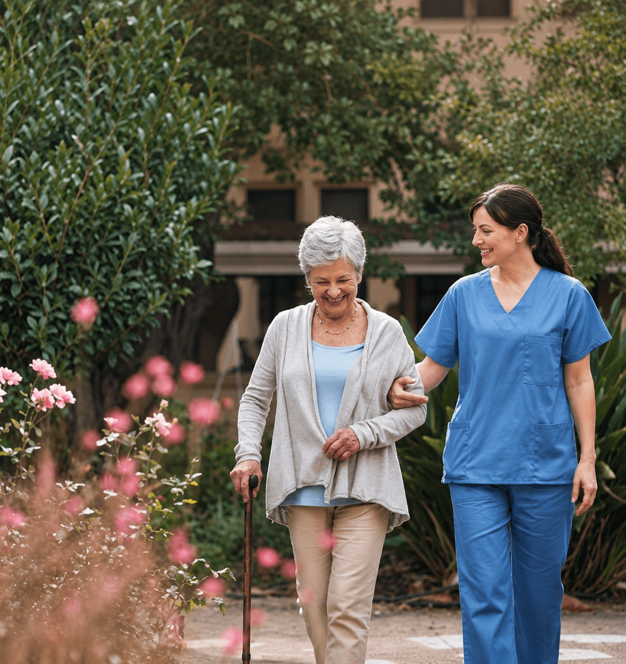 A physician accompanying her patient outdoors